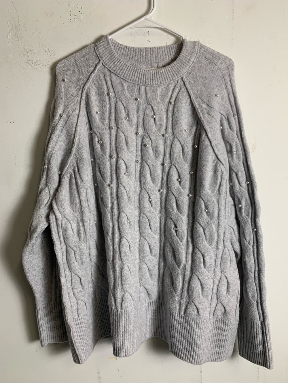 aerie Heather Gray Cable Knit Pullover with Pearl Detailing